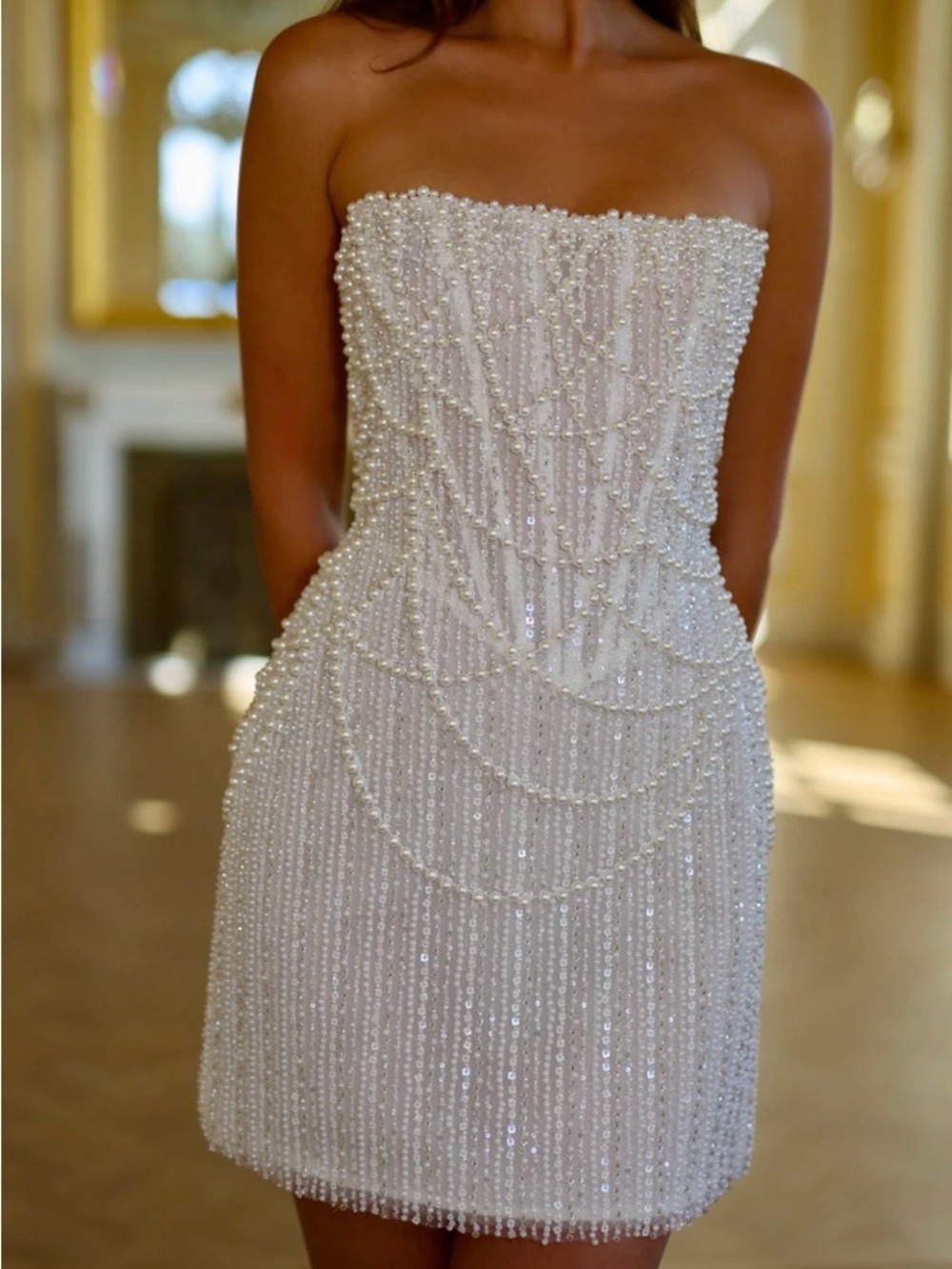 NWT White Strapless Pearl-Embellished Mini Dress